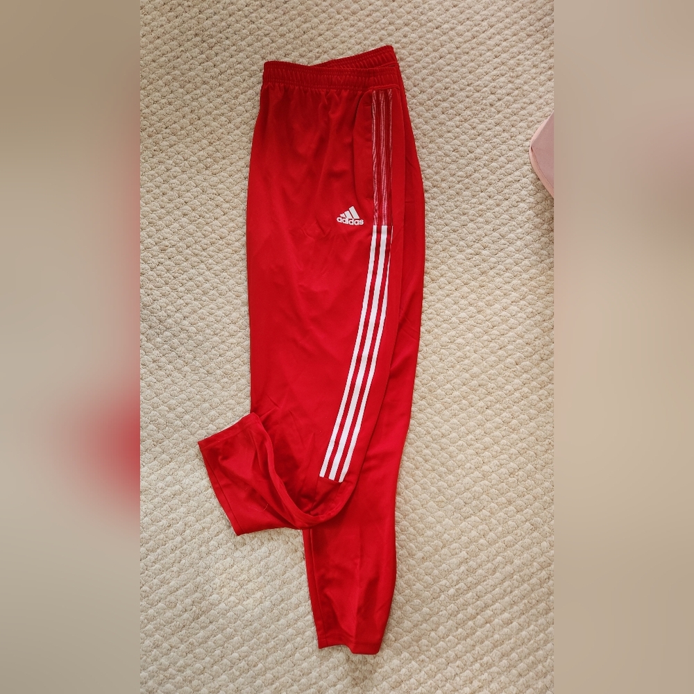 adidas Red Mens Joggers with White Side Stripes